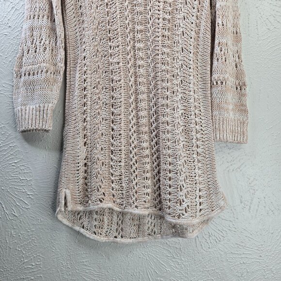 Tommy Bahama Tunic Top Open Knit Crochet M Tan Linen Minimalist Cover Up V Neck - Picture 4 of 12